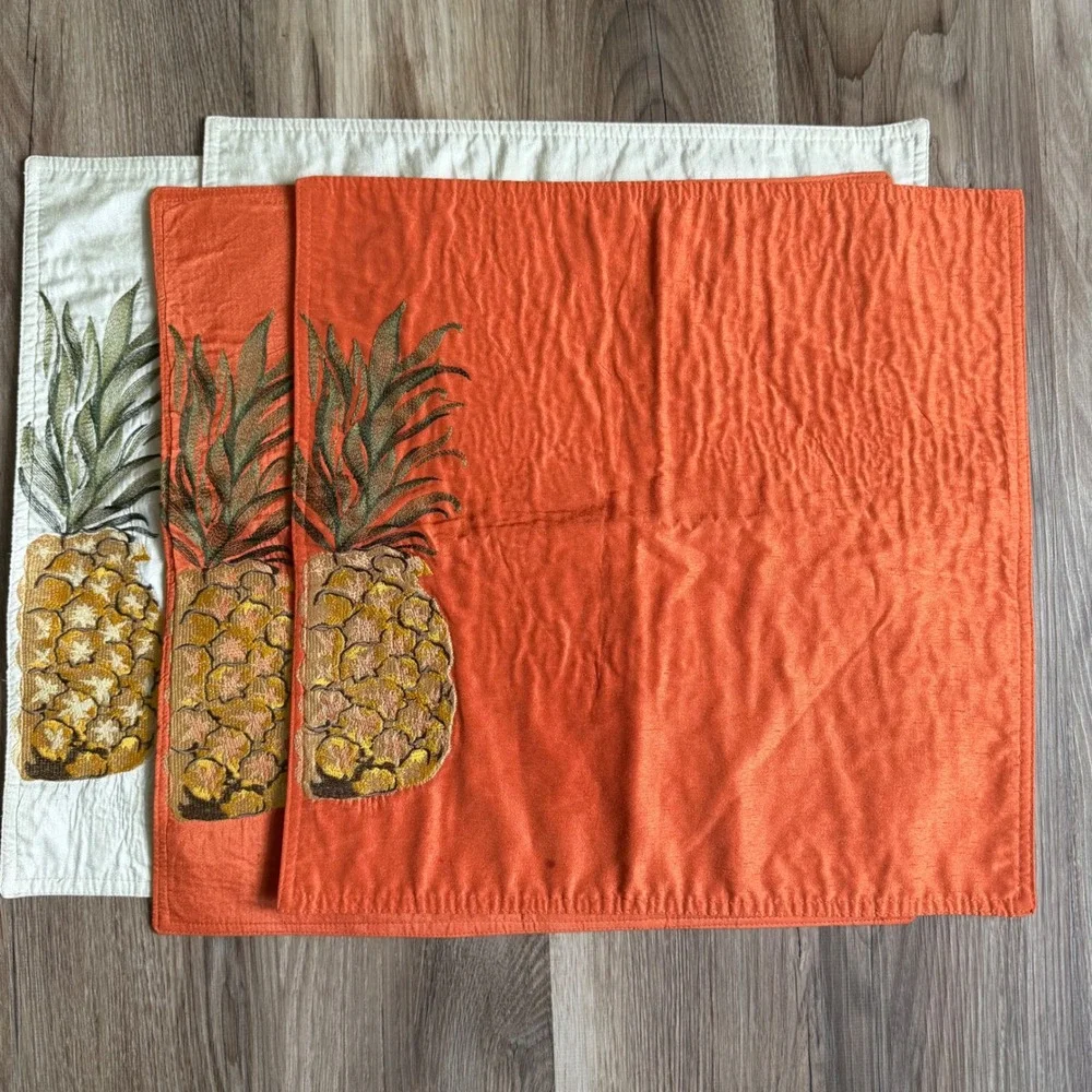 Set of 4 Pineapple Embroidered Placemats Orange and Cream Tropical Decor 16x16